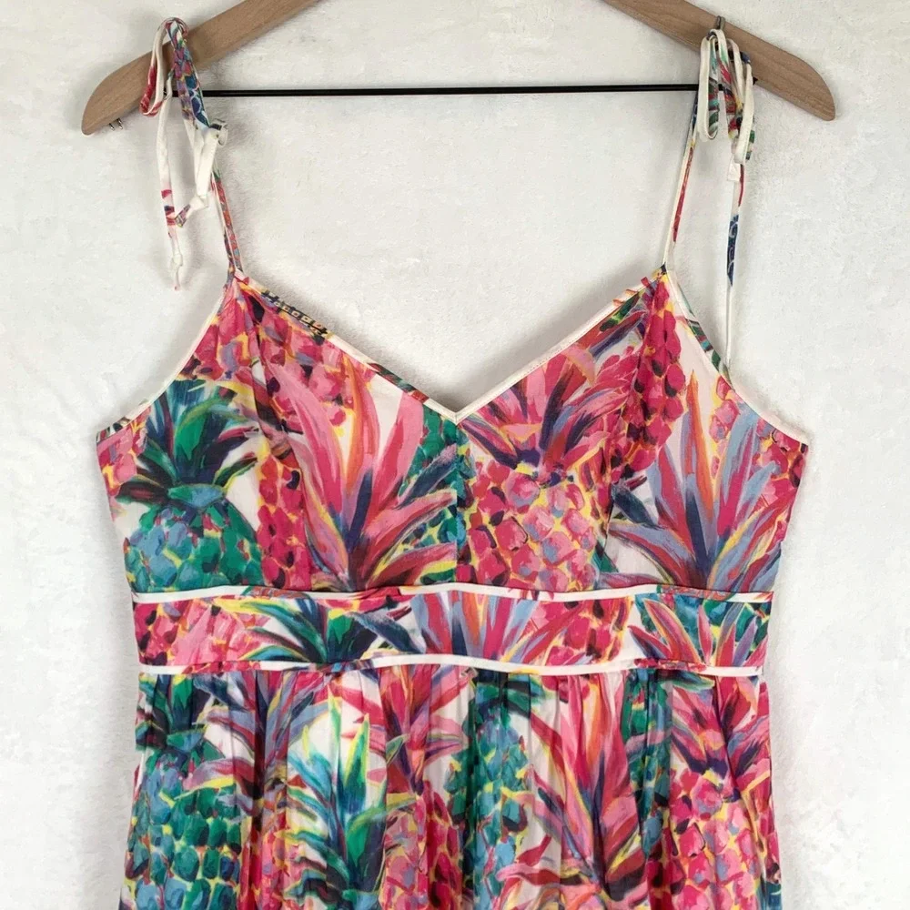 J.CREW Pineapple Print Tie Shoulder Cotton Midi Dress Sz 8 Pink Pockets